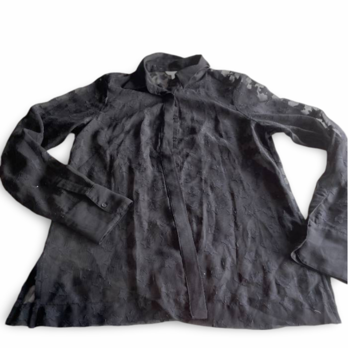 Vintage Black H&M see through womens linen shirt with Ruffled Cuffs US 10 EU 40|L28W18|SKU 5346