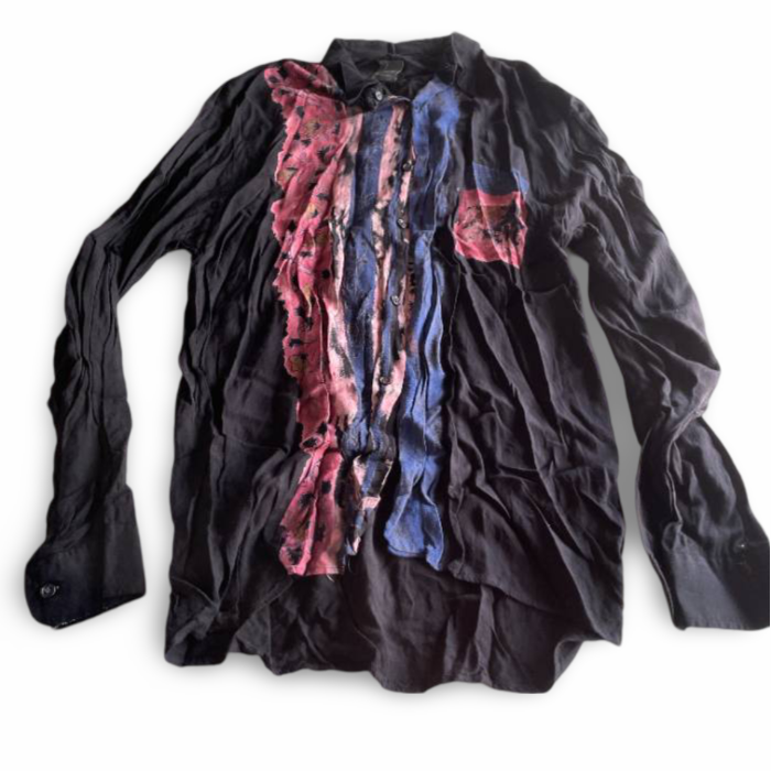 Vintage Sequence Boutique shirt with purple stripes and ruffle  design M/L|L32W18|SKU 5347