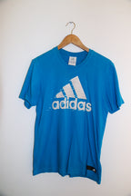 Vintage Adidas big logo print blue mens small T-shirt
