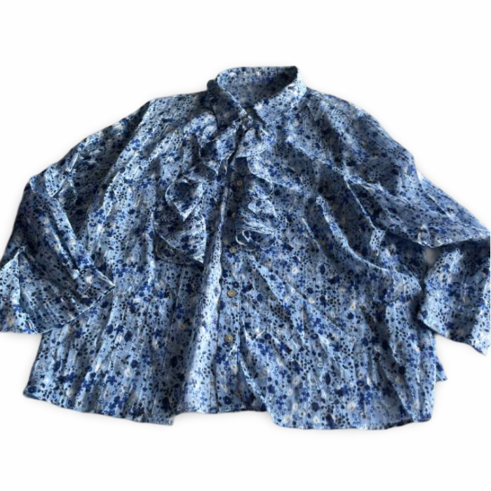 Vintage Womens Javida blue floral print front ruffle blouse shirt in size m|5350