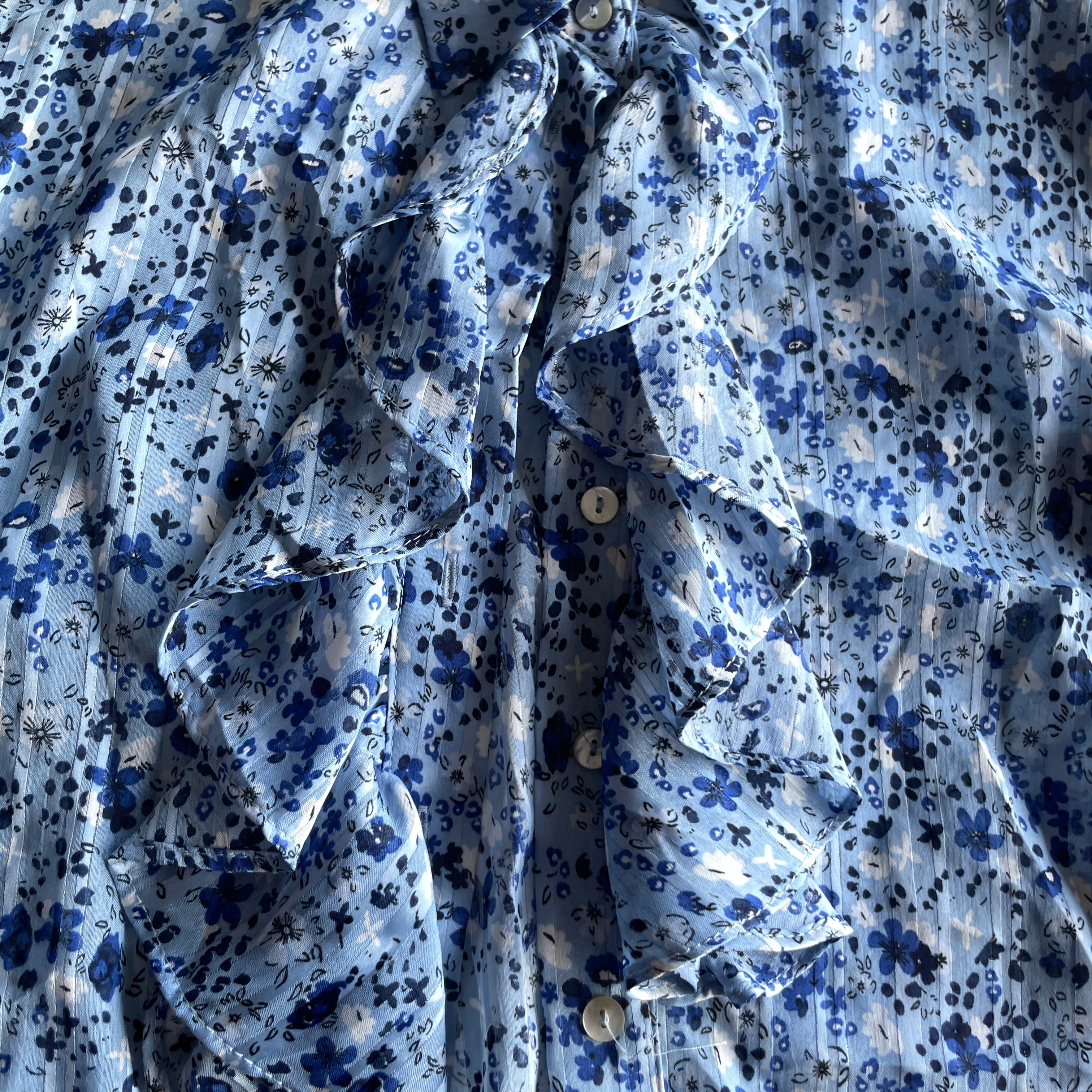 Vintage Womens Javida blue floral print front ruffle blouse shirt in size m|5350