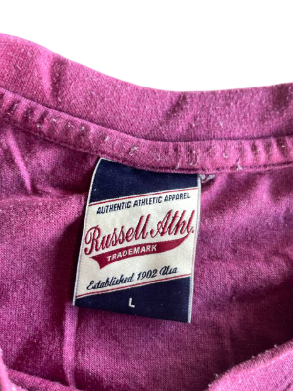 Vintage men's Russel athletic graded logo t shirt in burgundy in L| L27 W19| SKU 5360