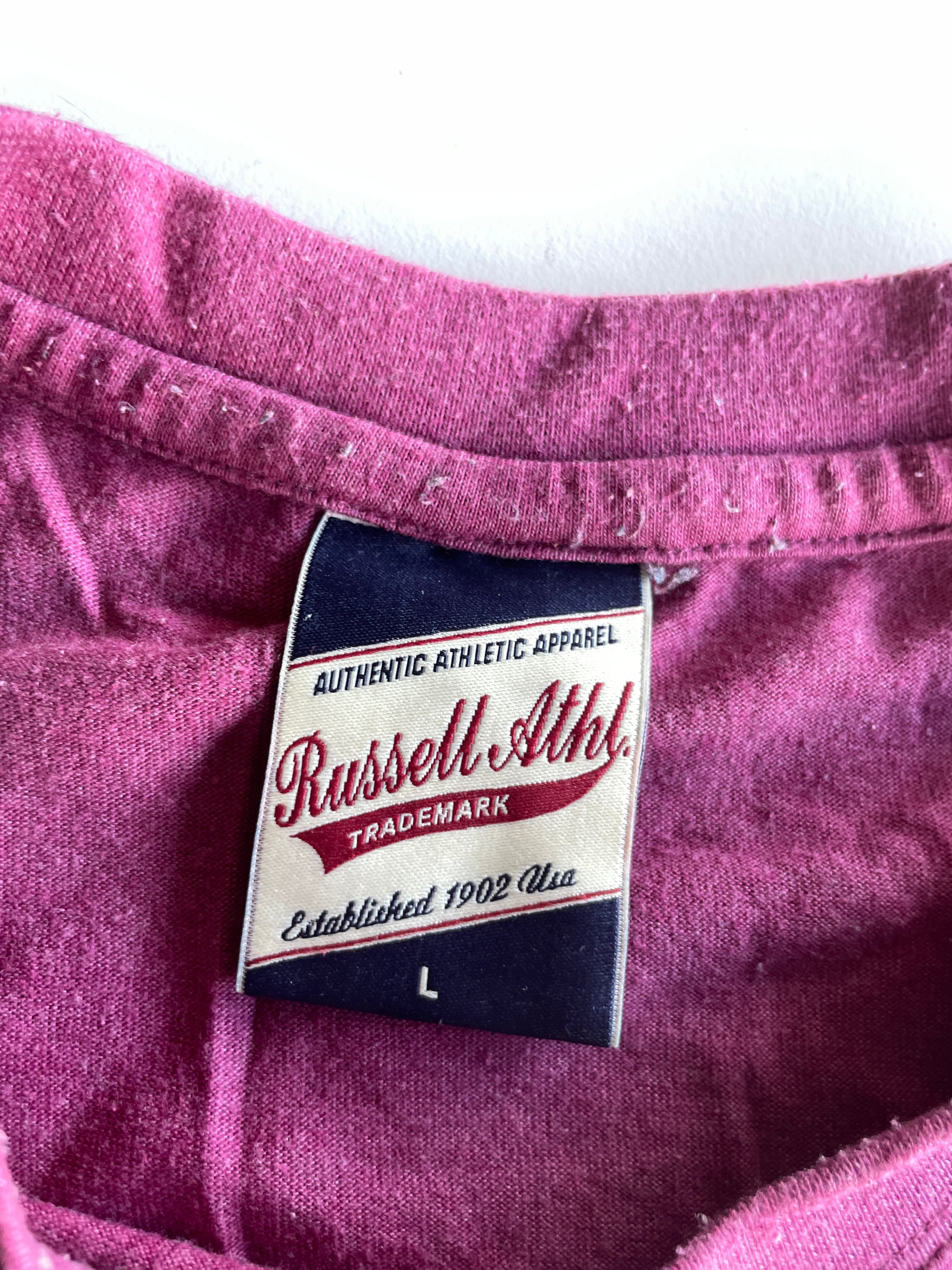 Vintage men's Russel athletic graded logo t shirt in burgundy in L| L27 W19| SKU 5360
