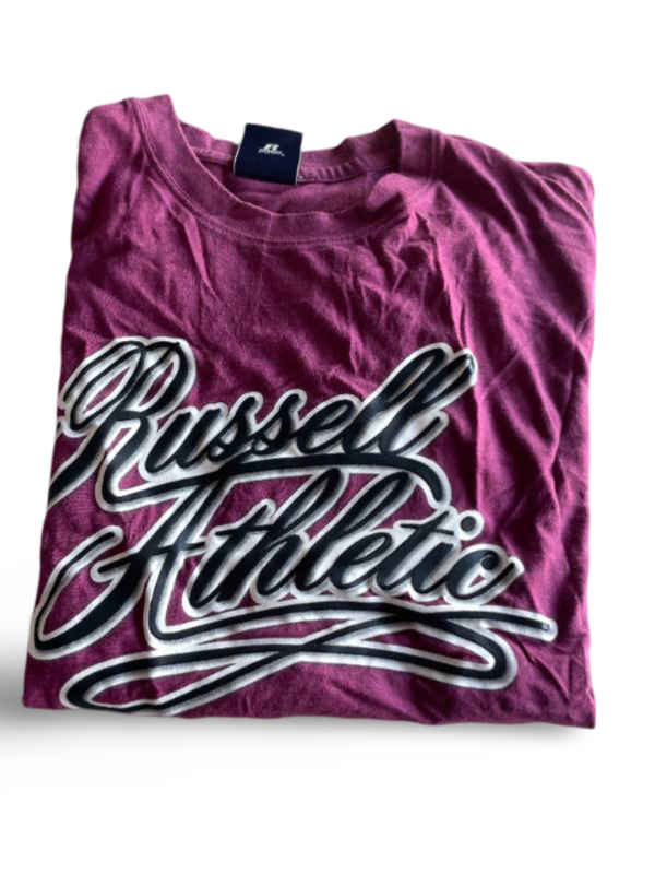 Vintage men's Russel athletic graded logo t shirt in burgundy in L| L27 W19| SKU 5360