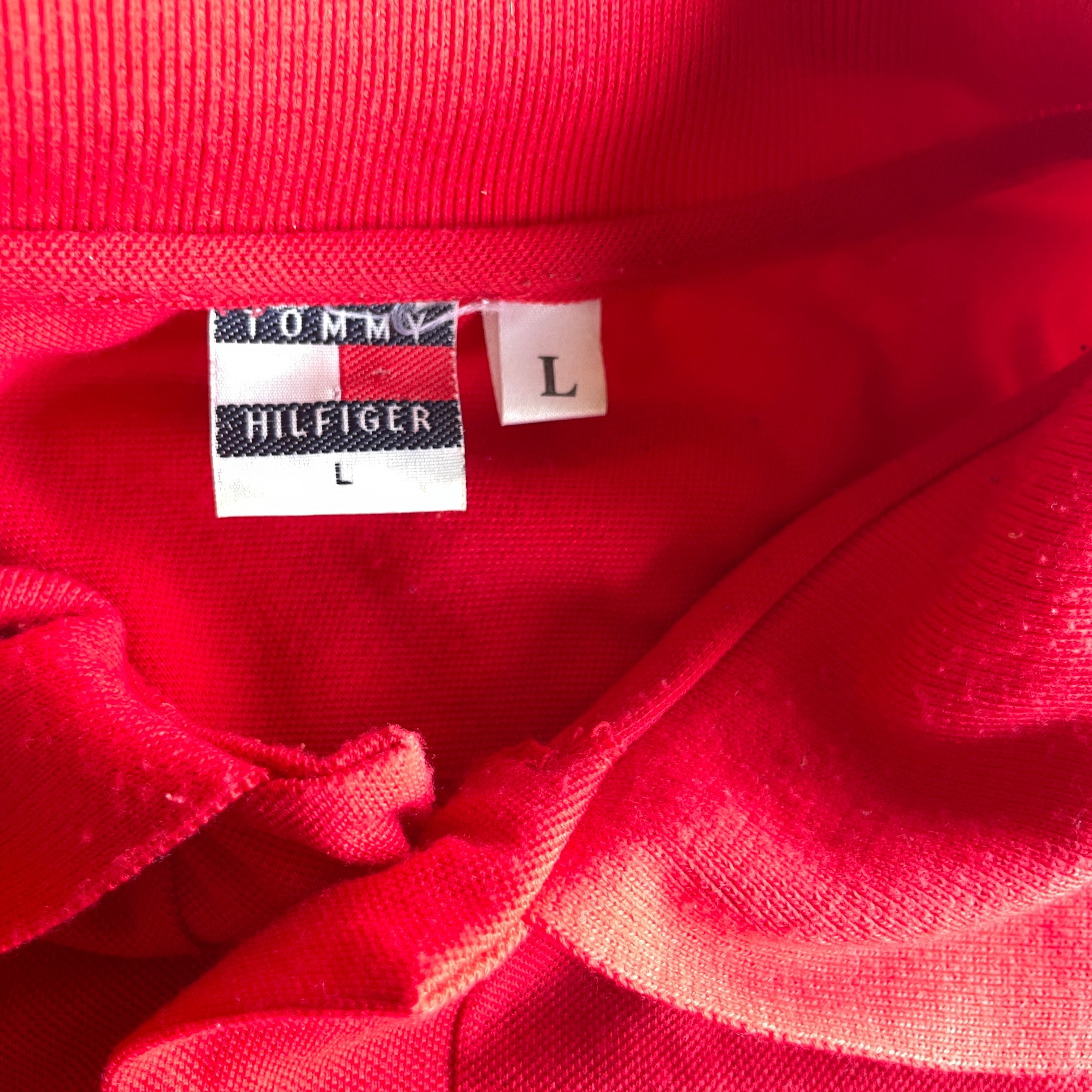 Vintage men's tommy hilfiger regular fit red short sleeve polo shirt in L| L32 W22| SKU 5367