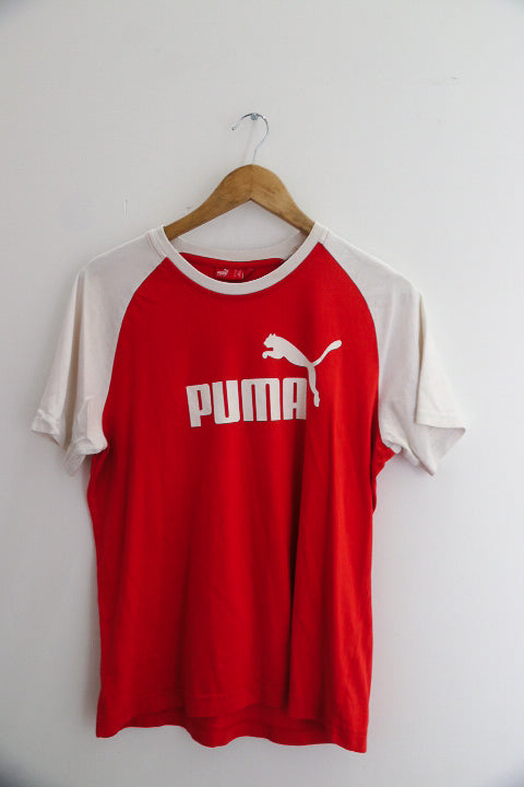 vintage puma big logo mens red and white color block medium tees