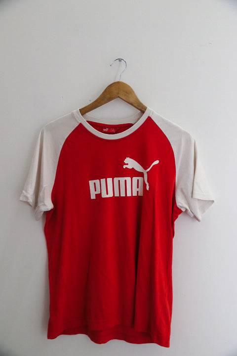 vintage puma big logo mens red and white color block medium tees