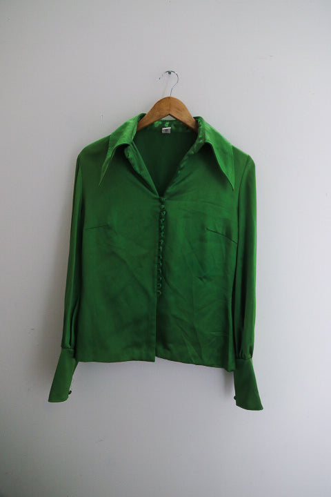 Vintage womens green satin long sleeve medium shirt