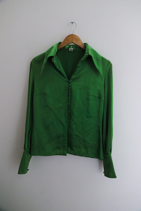 Vintage womens green satin long sleeve medium shirt