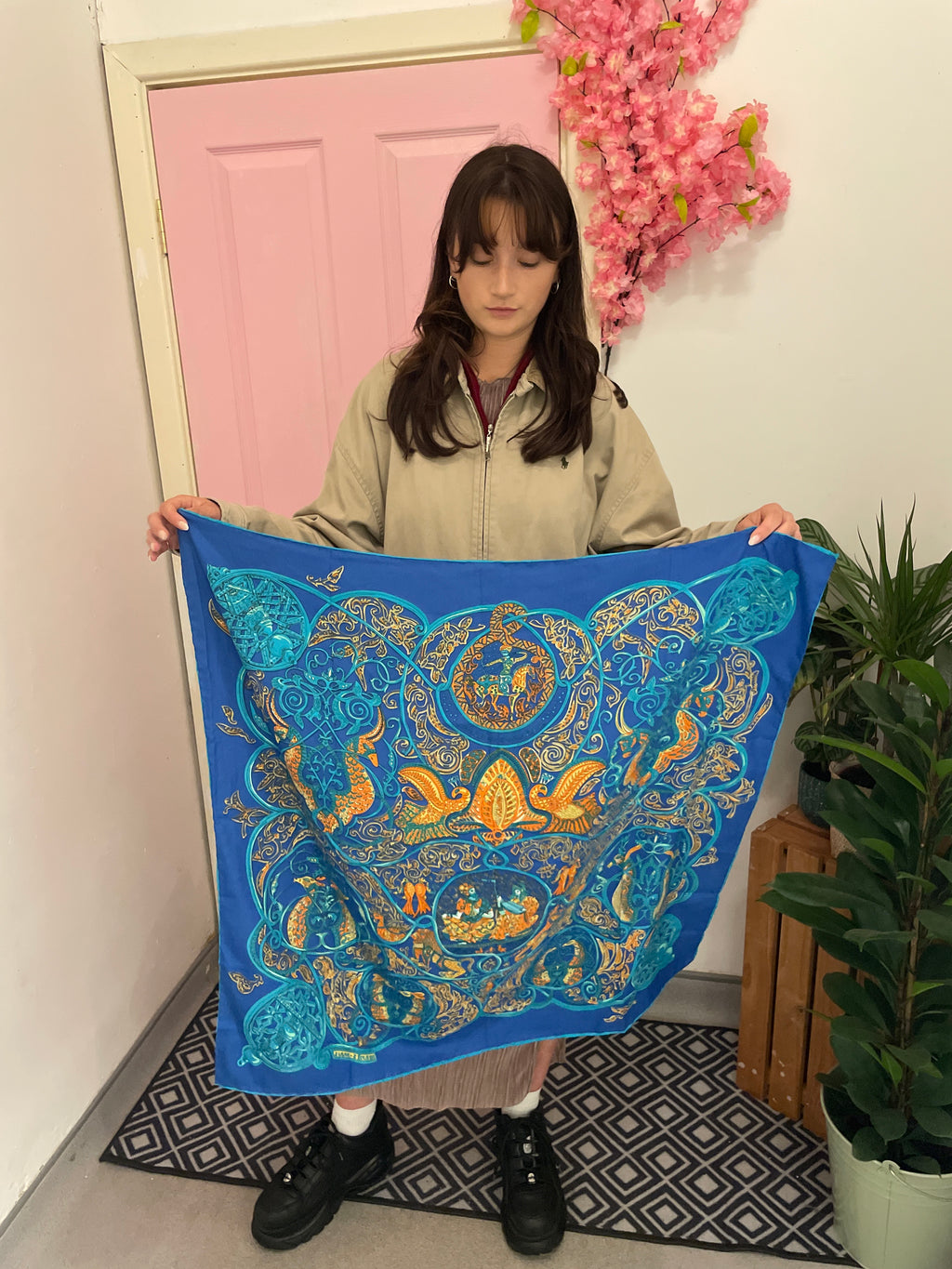 Vintage italian blue silk scarf