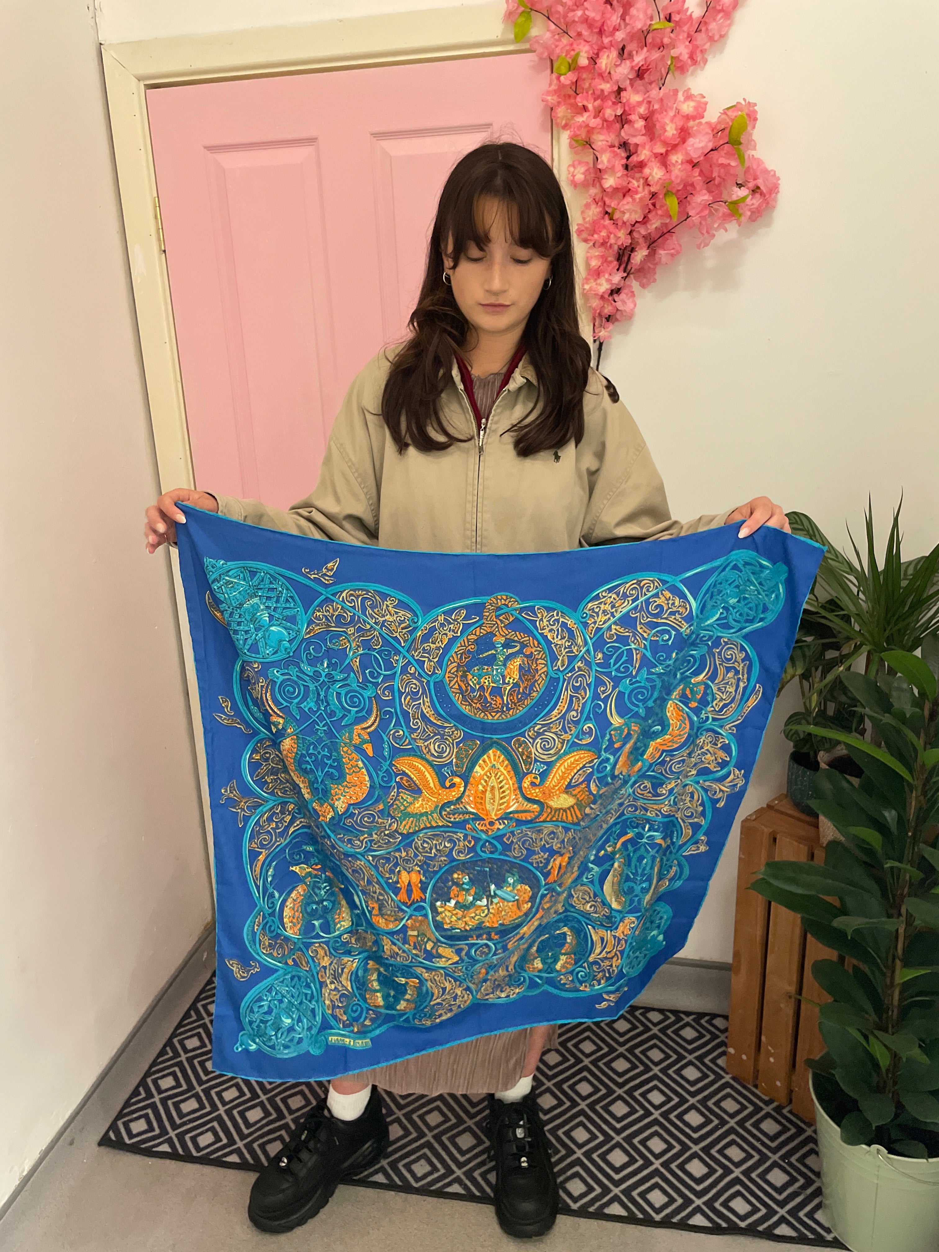 Vintage italian blue silk scarf
