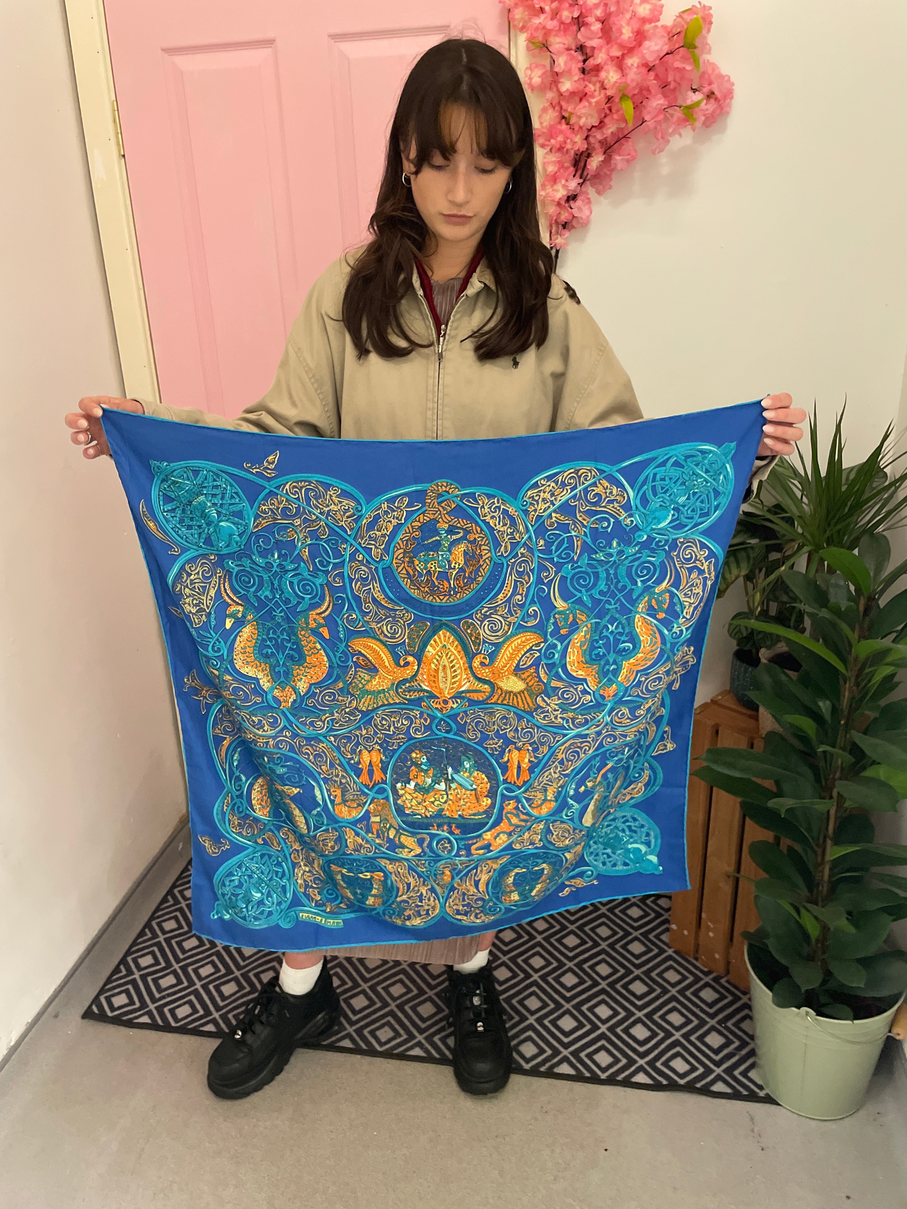 Vintage italian blue silk scarf