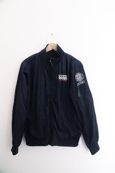 Vintage US Aerospace voyager space explorer mens military bomber navy blue medium jacket
