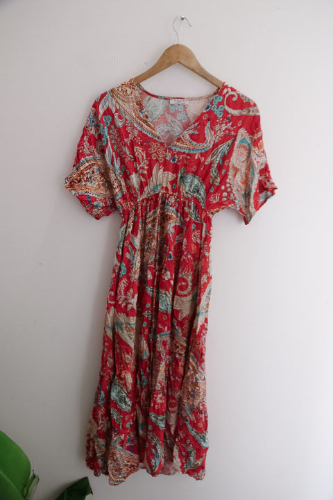 Vintage deck by decollage red short sleeve paisley floral print summer silk medium dress