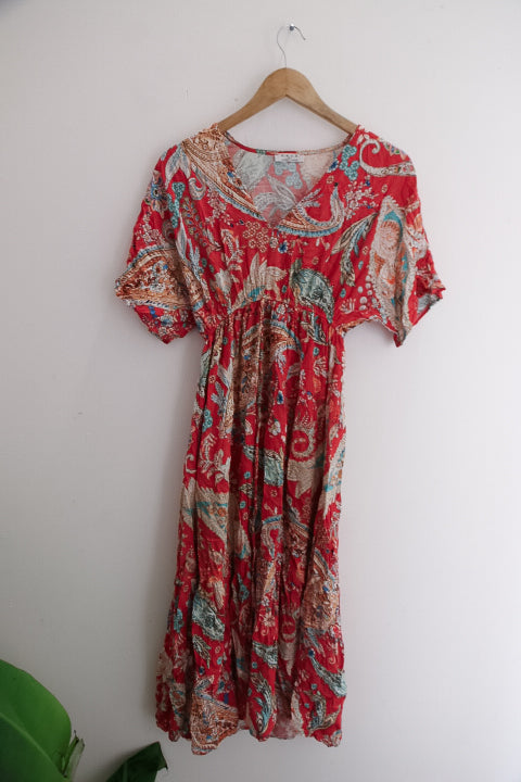 Vintage deck by decollage red short sleeve paisley floral print summer silk medium dress