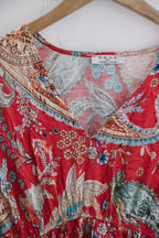 Vintage deck by decollage red short sleeve paisley floral print summer silk medium dress