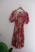 Vintage deck by decollage red short sleeve paisley floral print summer silk medium dress