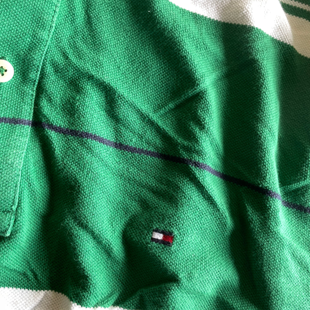 Vintage men's Tommy Hilfiger  Green & white striped short sleeve polo shirt L| L33W21| SKU 5378