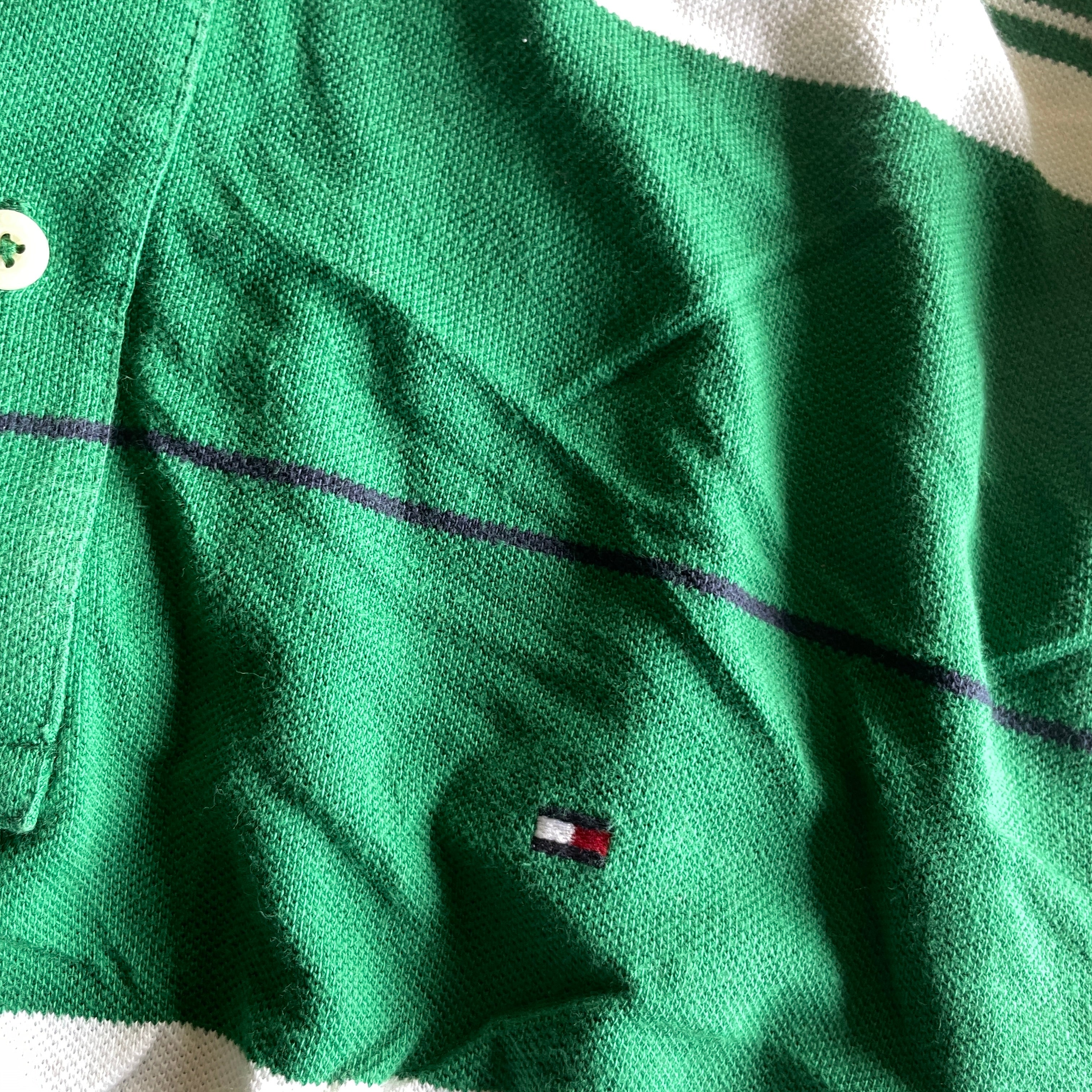 Vintage men's Tommy Hilfiger  Green & white striped short sleeve polo shirt L| L33W21| SKU 5378