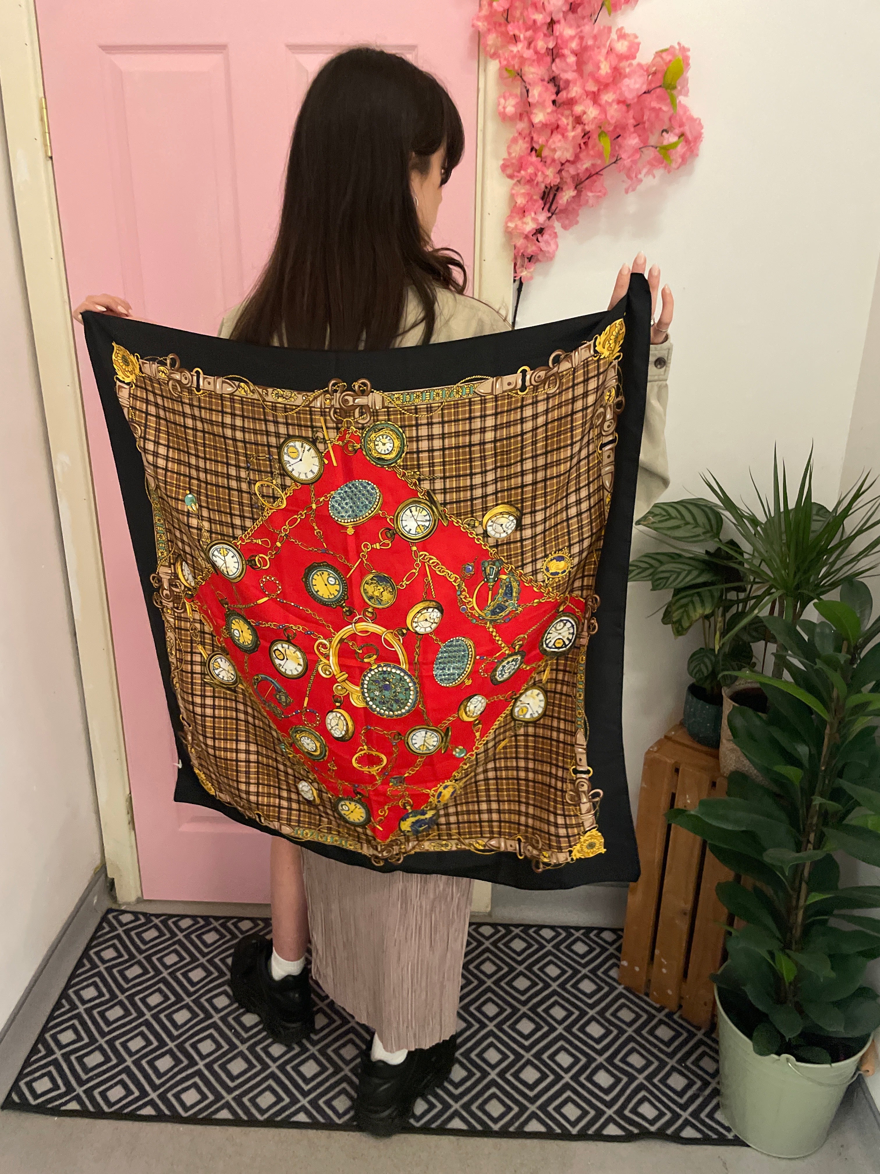 Vintage red patchwork italian brown scarf