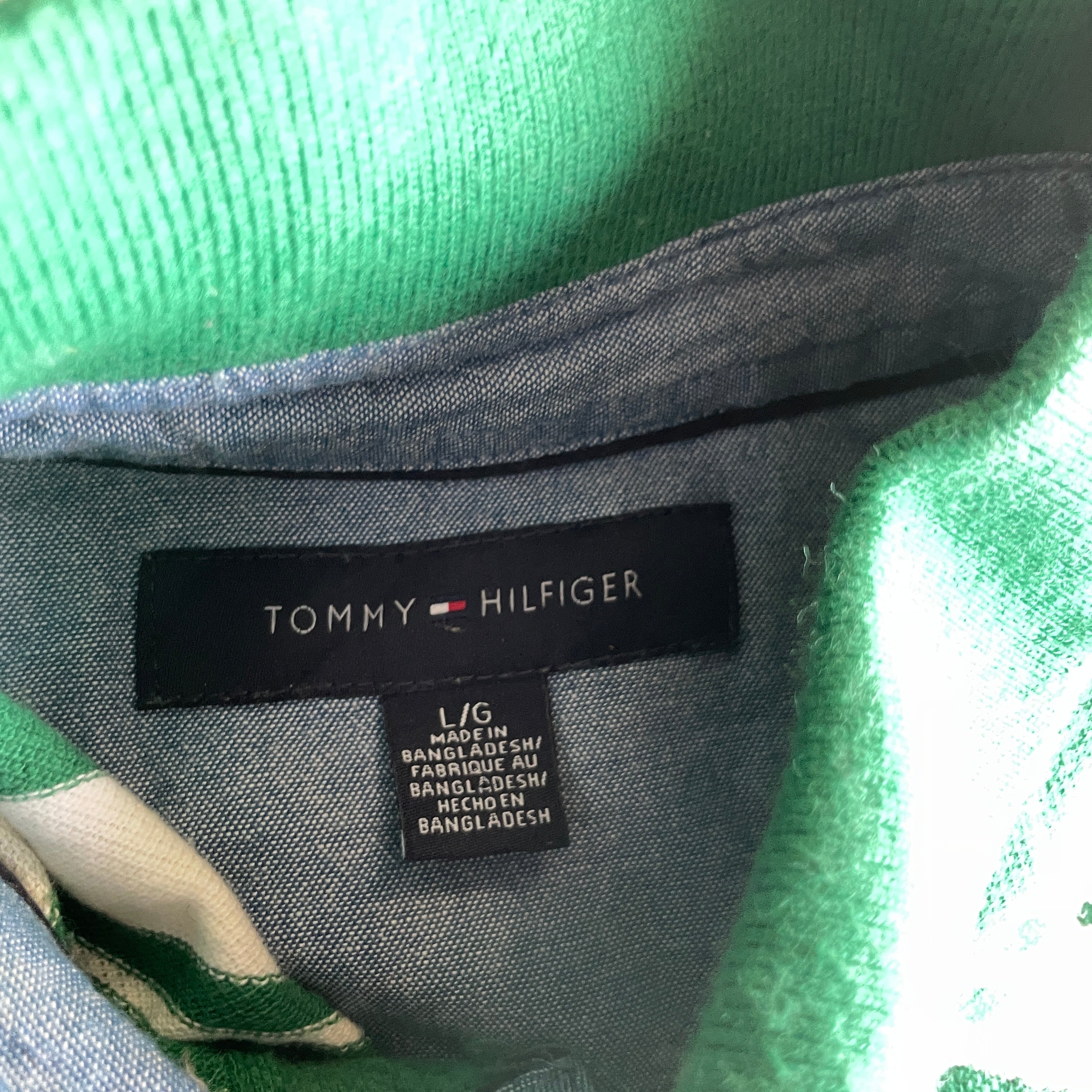 Vintage men's Tommy Hilfiger  Green & white striped short sleeve polo shirt L| L33W21| SKU 5378