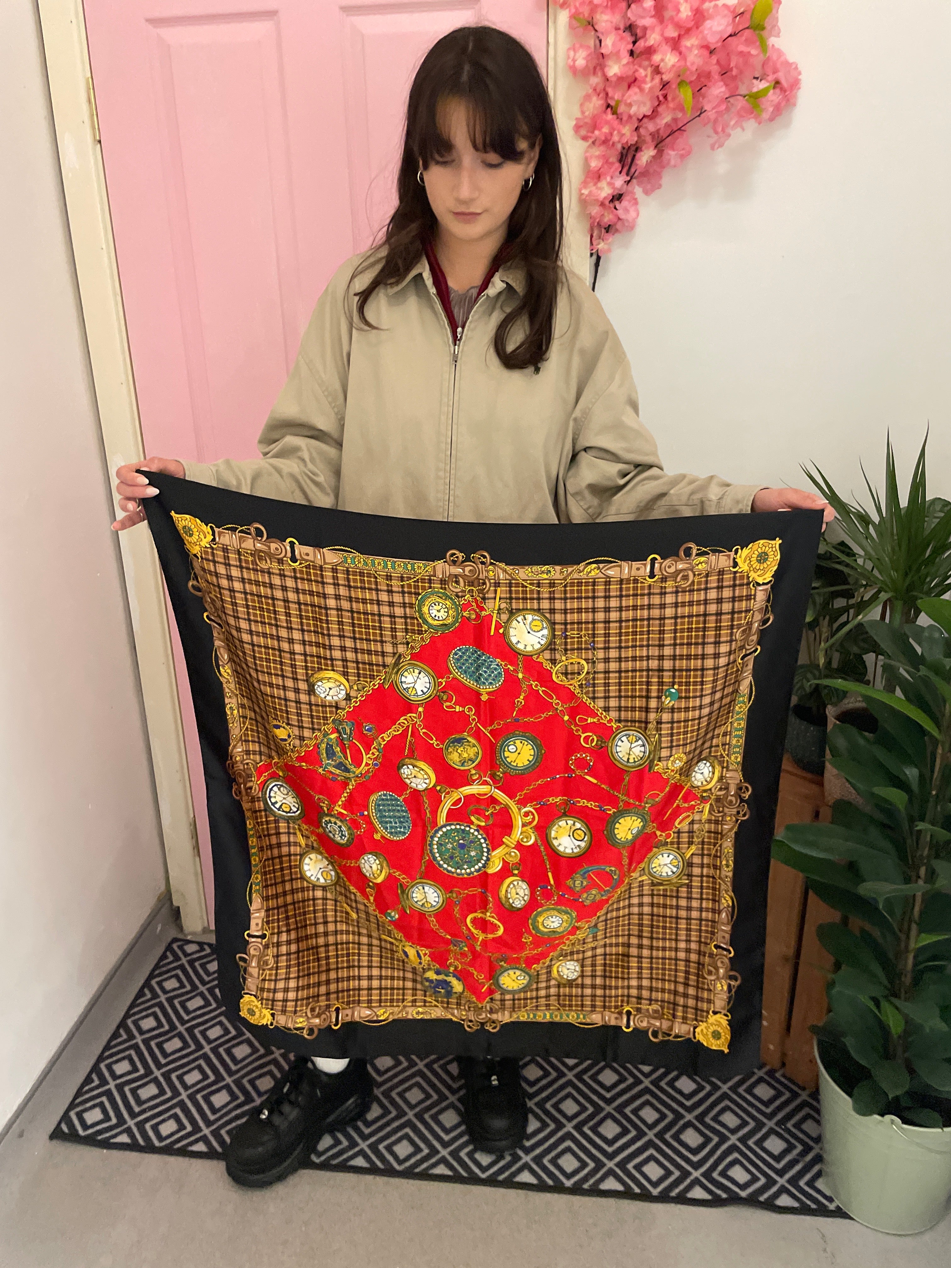 Vintage red patchwork italian brown scarf