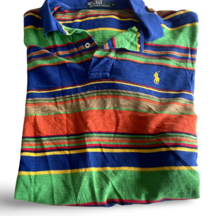 Vintage 80s  RALPH LAUREN POLO men's Multi Striped Shirt L Popped Collar |L33 W20| SKU 5380