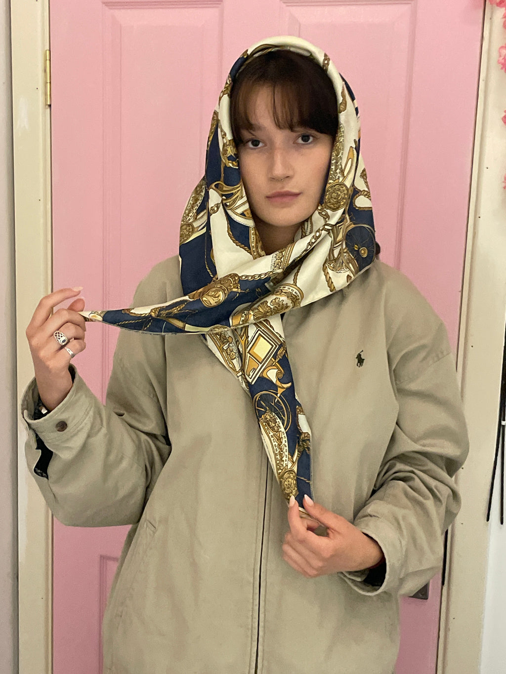 Vintage Coach Carriage Tassel Print Faux Silk Cream Scarf