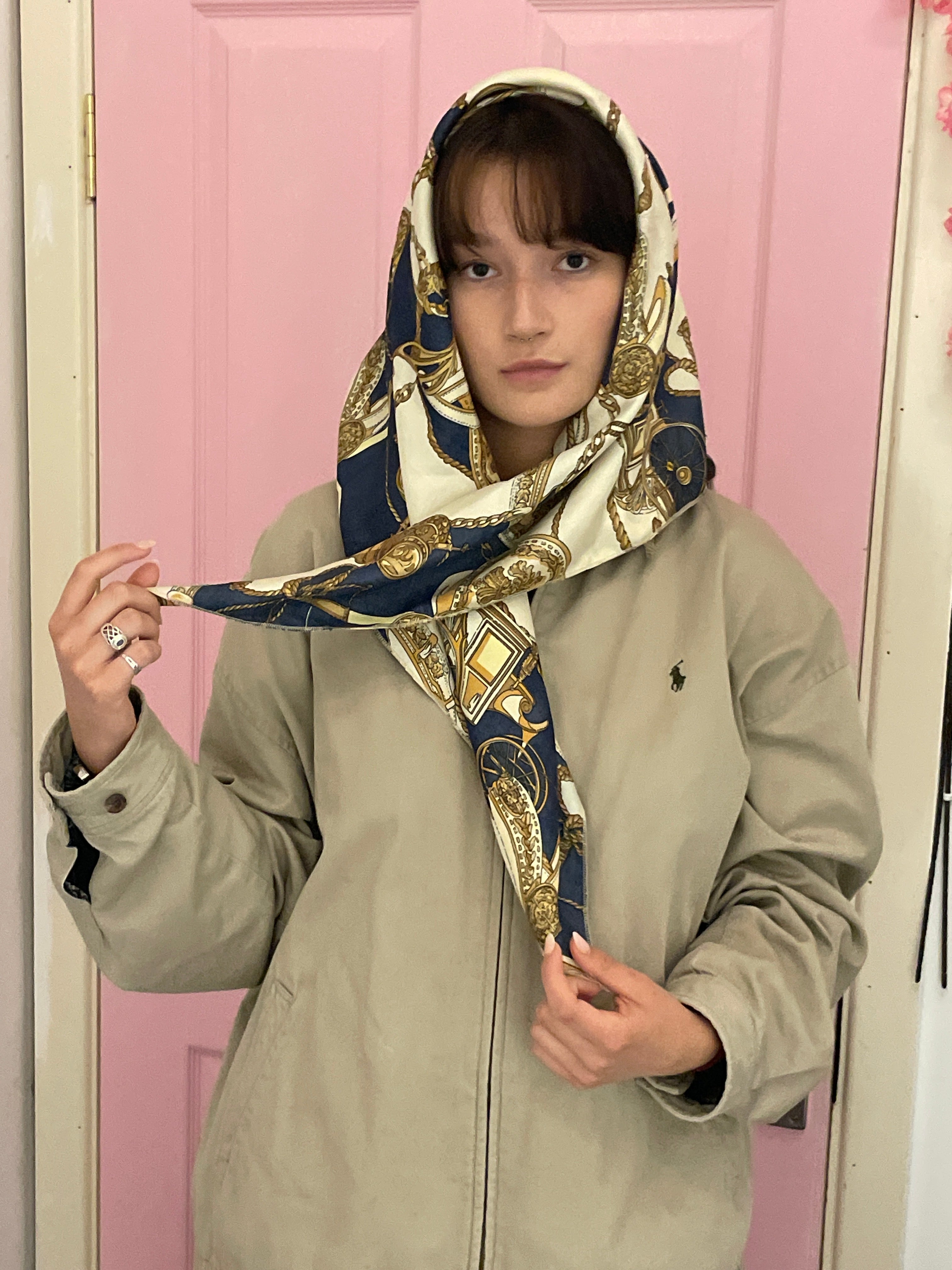 Vintage Coach Carriage Tassel Print Faux Silk Cream Scarf