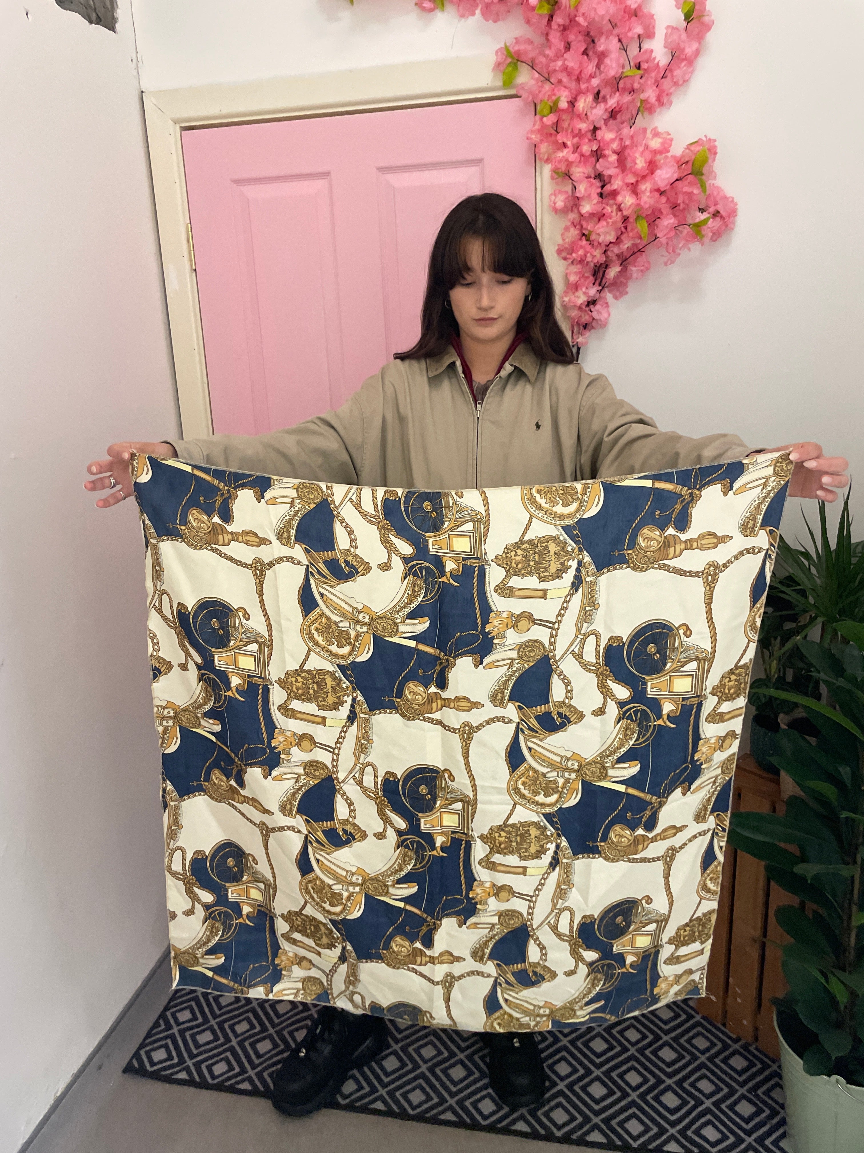 Vintage Coach Carriage Tassel Print Faux Silk Cream Scarf