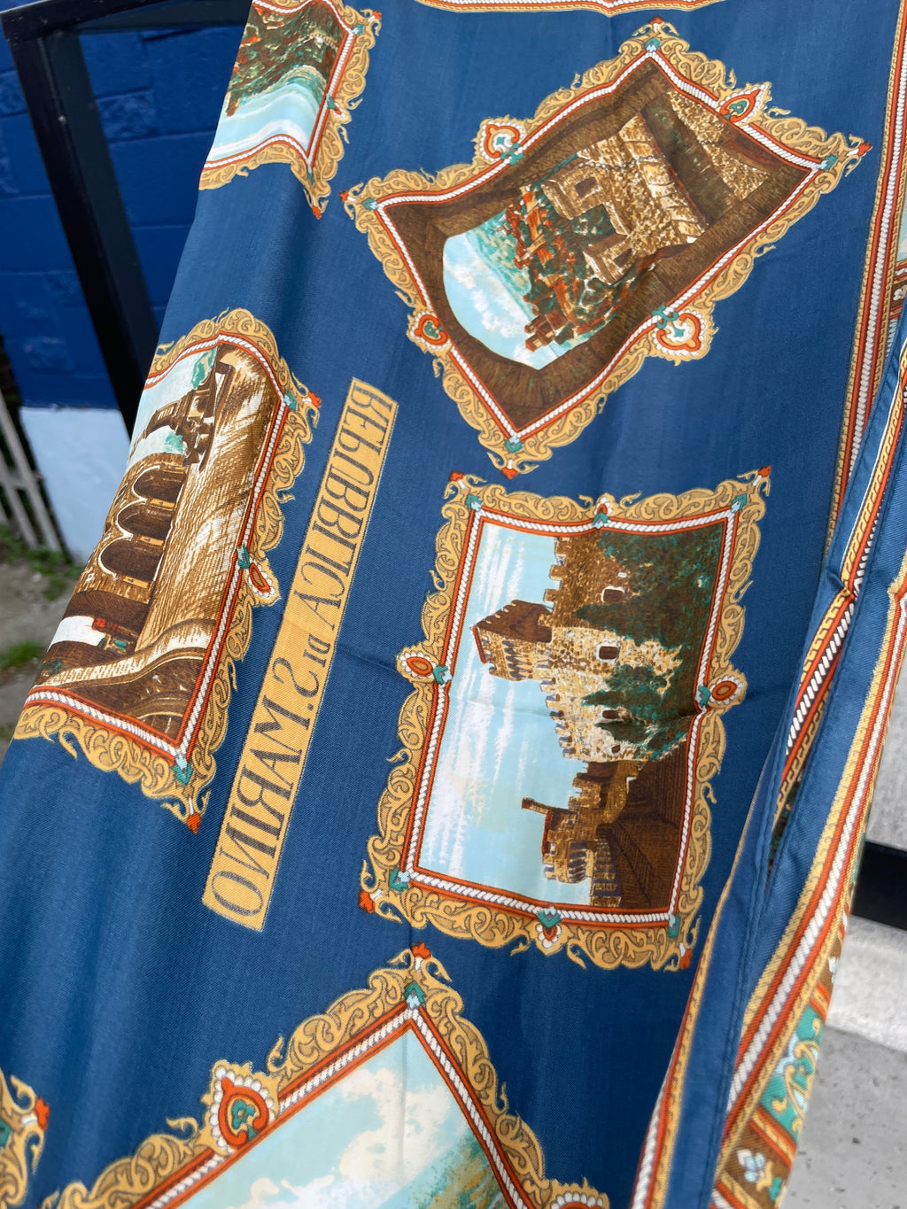 Vintage St Marino blue silk scarf