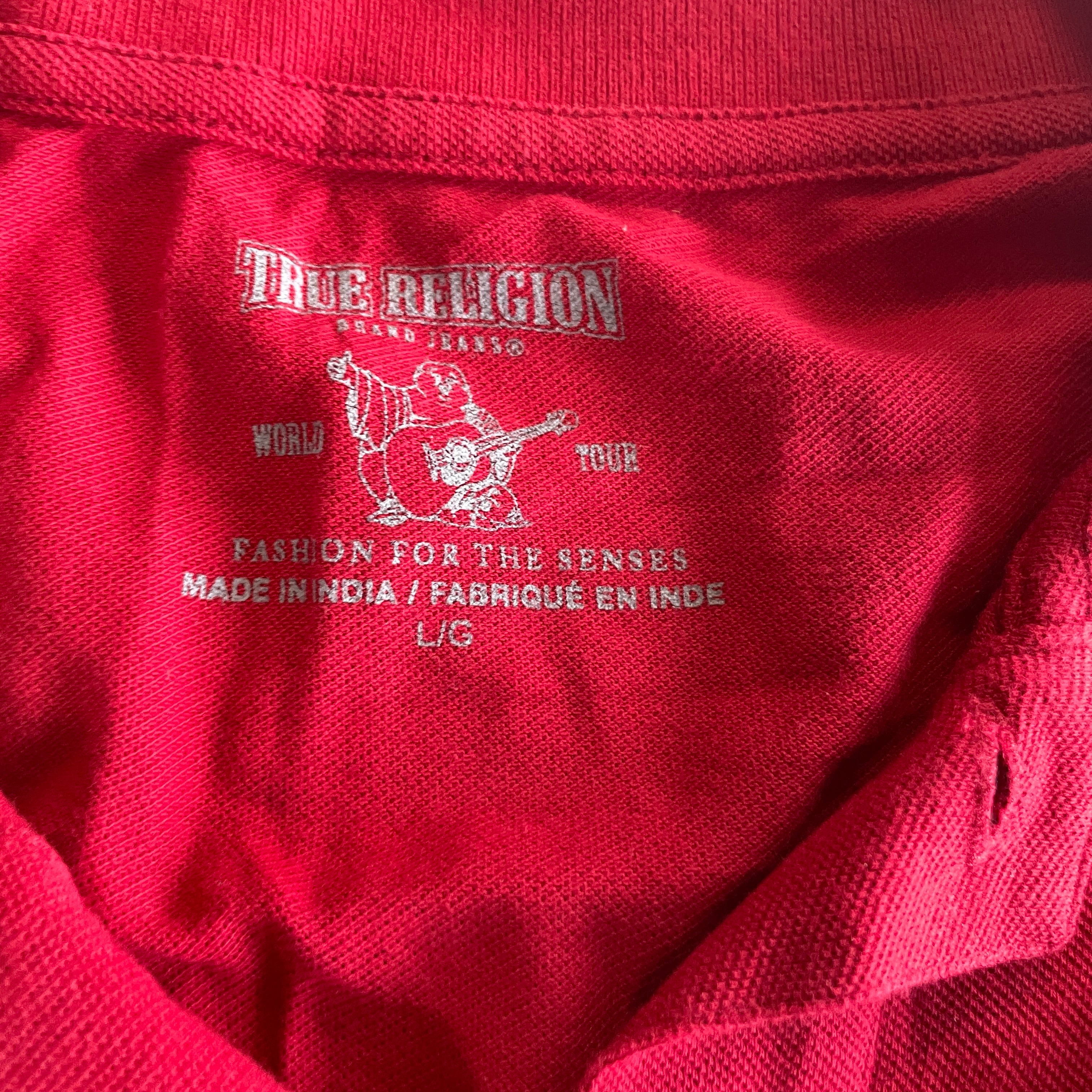 Vintage men's red True Religion world tour polo shirt fits L| L32 W21| SKU 5389