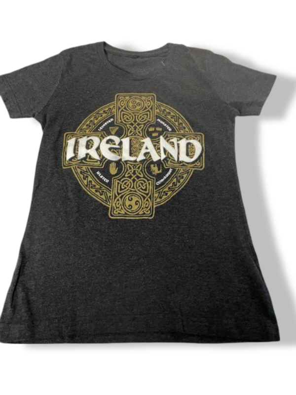 Vintage women's  Cara Celtic Cross Circle grey T-Shirt in S|L26 W17| SKU 5410