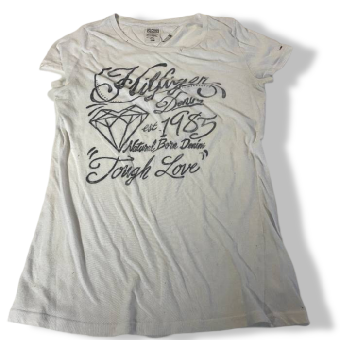 Vintage Tommy Hilfiger white denim graphics women's tees in M|L26W16|SKU 5412
