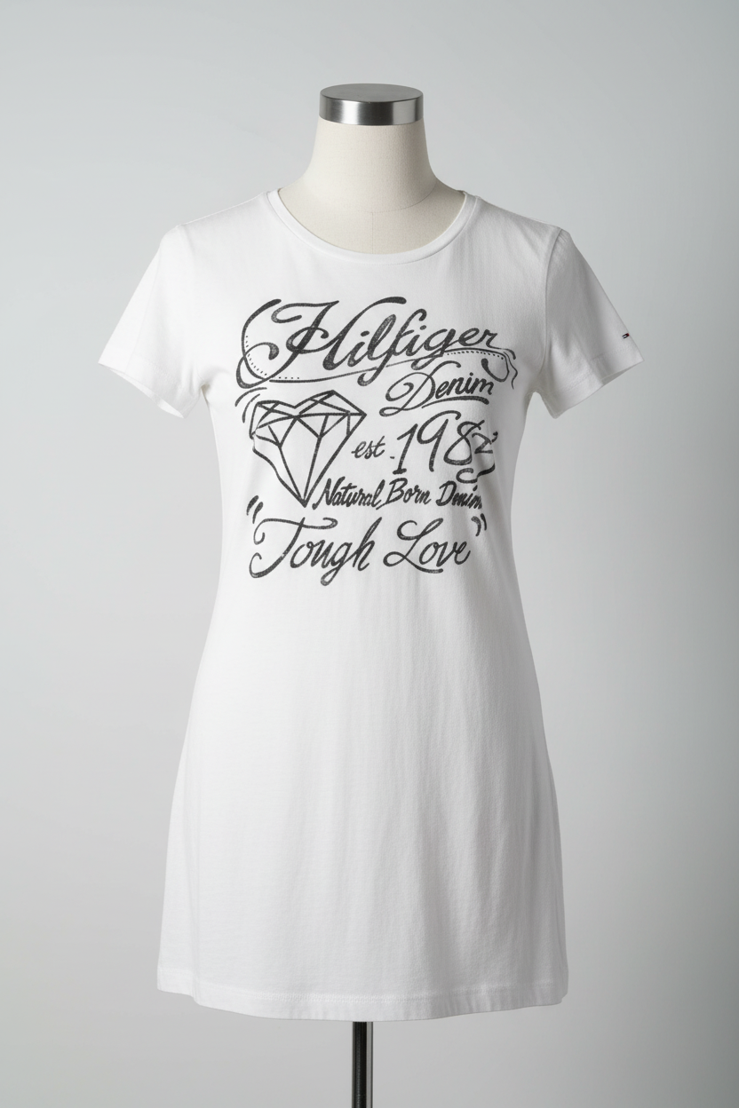 Vintage Tommy Hilfiger white denim graphics women's tees in M|L26W16|SKU 5412