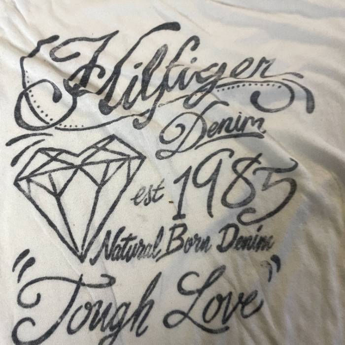 Vintage Tommy Hilfiger white denim graphics women's tees in M|L26W16|SKU 5412