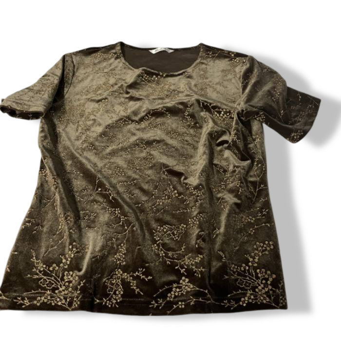 Vintage women green Berketex Floral Metallic Short Sleeve Fitted Top in S|L25W17|SKU 5418