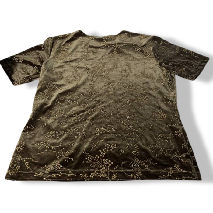 Vintage women green Berketex Floral Metallic Short Sleeve Fitted Top in S|L25W17|SKU 5418