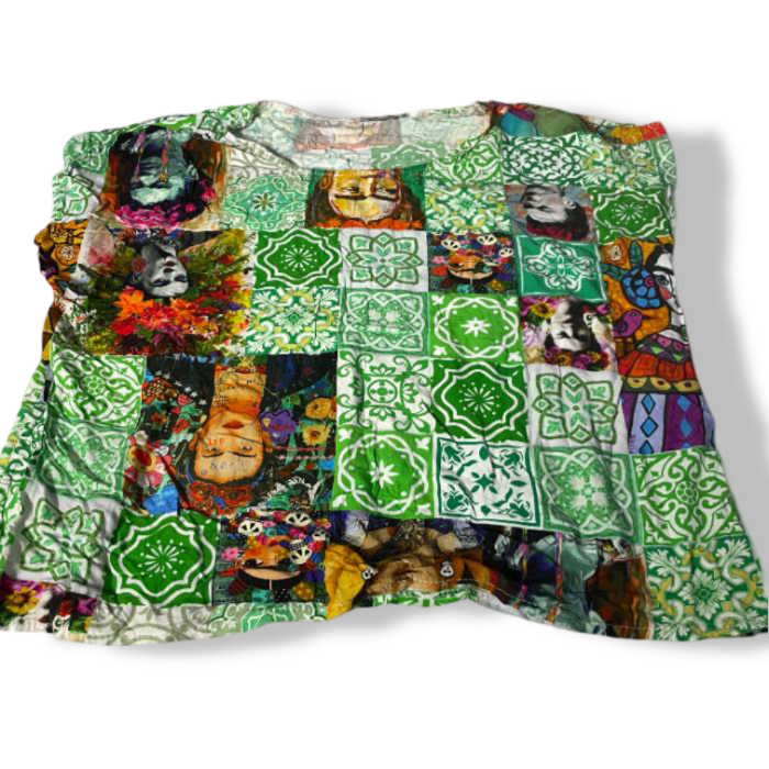 Vintage Linen Cropped green graphic Top Women Size L / XL Made in Italy|L23W23|SKU 5420