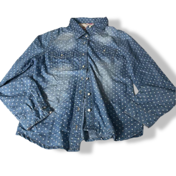 Vintage Valleygirl blue Polka Dot Denim Button Up Shirtin S/M|L27 W17| SKU 5421