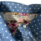 Vintage Valleygirl blue Polka Dot Denim Button Up Shirtin S/M|L27 W17| SKU 5421