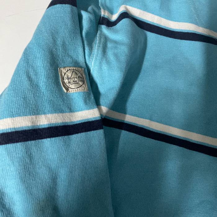 Vintage Murphy & NY stripped Heavy Mens Rugby polo Shirt Light Blue in L| L32 W21| SKU 5424