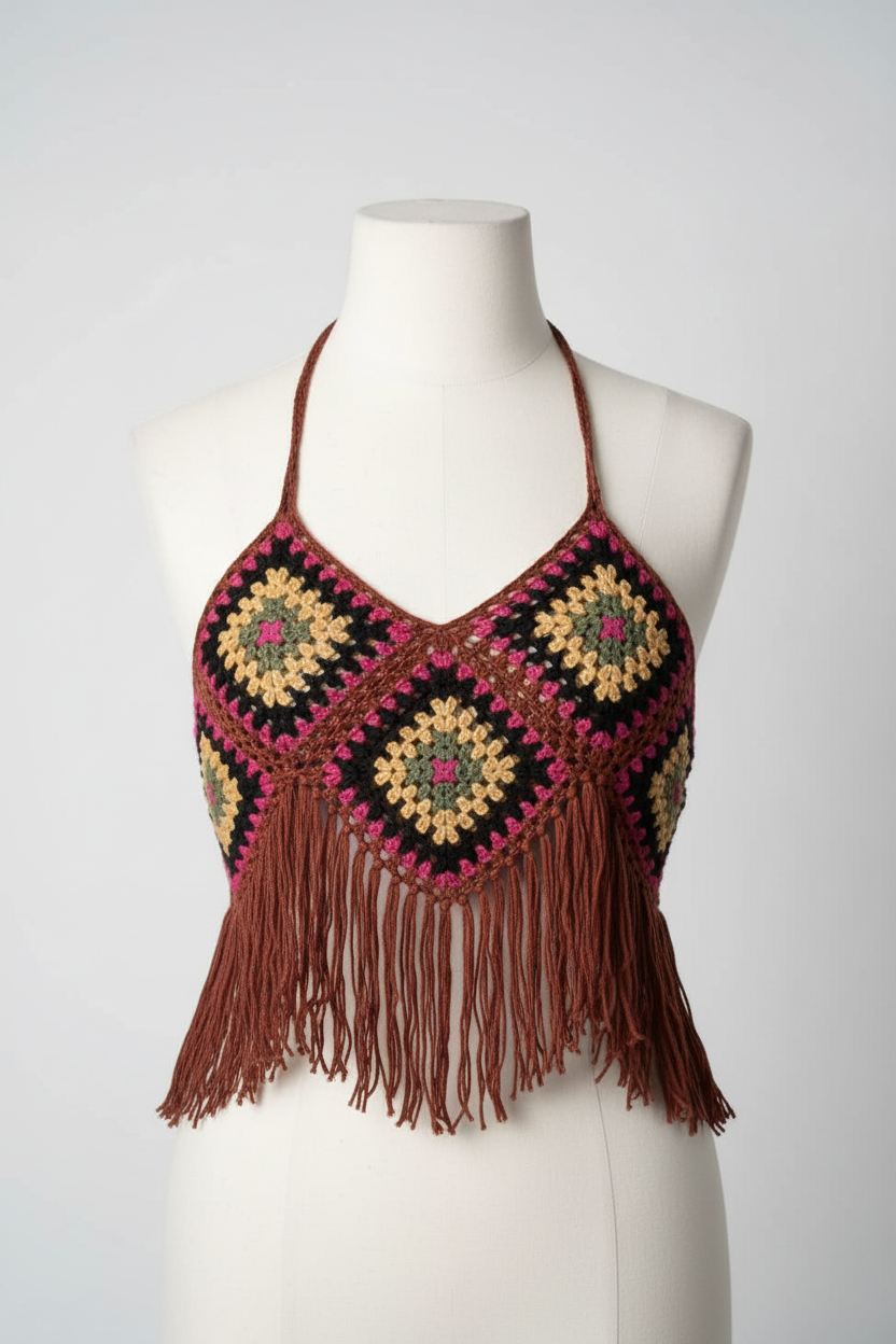 Vintage women's multi granny square crochet cropped top in S|L15W15|SKU 5431
