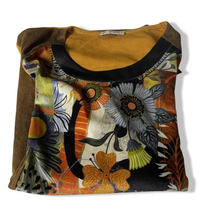 Vintage women's Kalisson Safran mustard yellow geometric print T-Shirt with Small Pocket in XL|L25W20|SKU 5439
