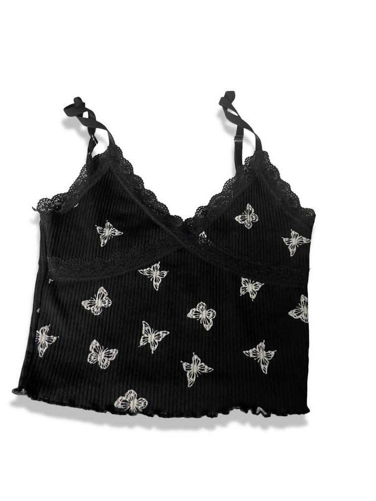 Vintage women's Divided Black & White Butterfly Cami tank Top in XS|L12W12|SKU 5440