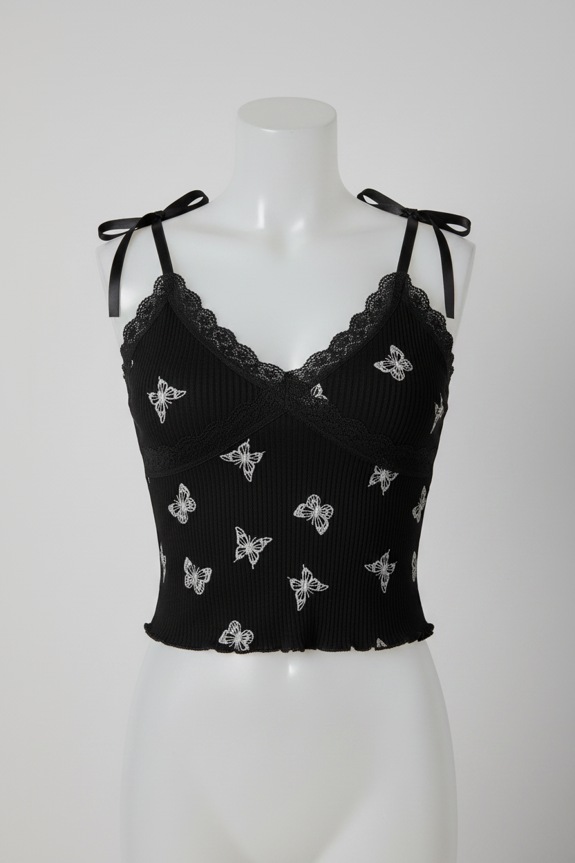 Vintage women's Divided Black & White Butterfly Cami tank Top in XS|L12W12|SKU 5440