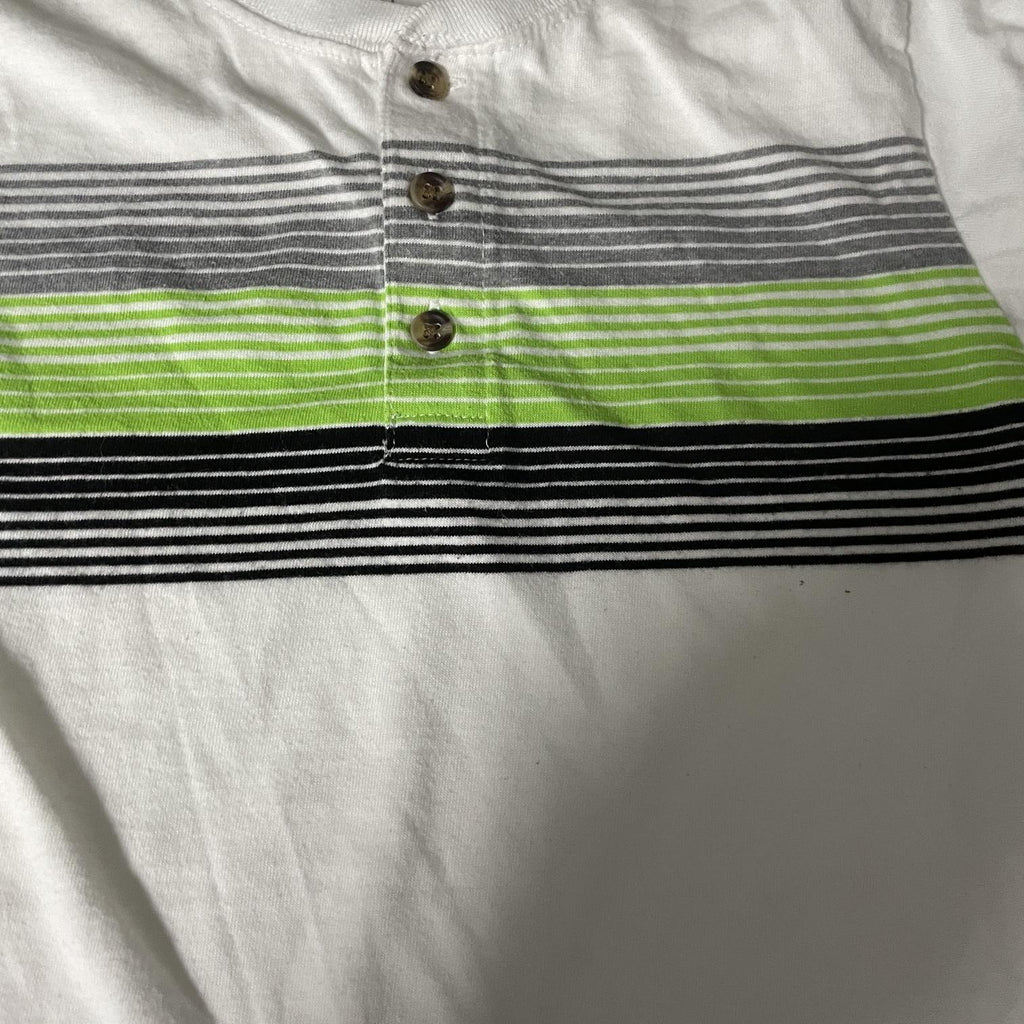 Vintage women's Multi Striped White short sleeve 1/4 button up tees in S|l25w15|sku 5453
