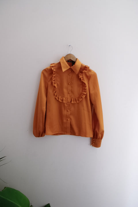 Vintage Nasty Gal womens yellow long sleeve silk ruffle front collared shirt