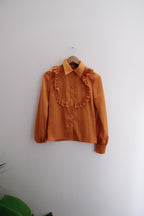 Vintage Nasty Gal womens yellow long sleeve silk ruffle front collared shirt