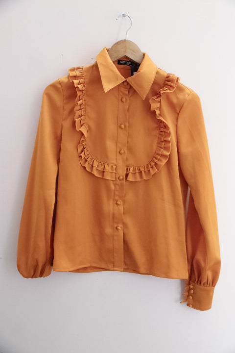 Vintage Nasty Gal womens yellow long sleeve silk ruffle front collared shirt